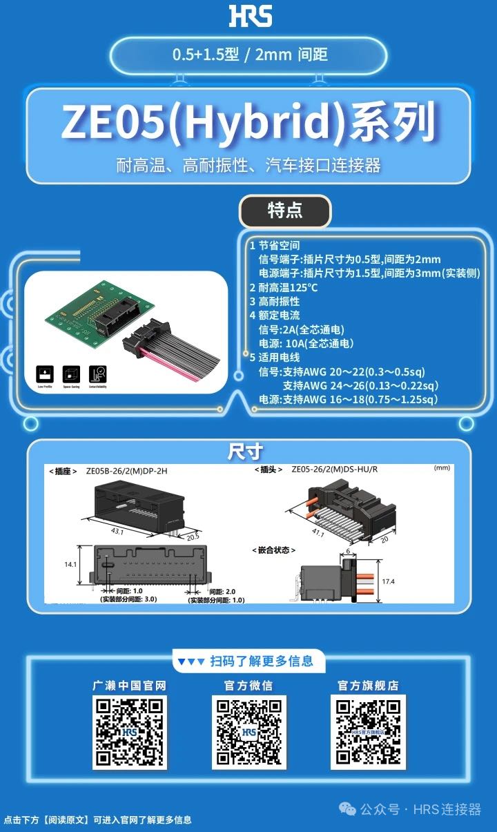 【產(chǎn)品推薦】耐高溫、高耐振性、汽車接口、電源信號混合型連接器ZE05系列